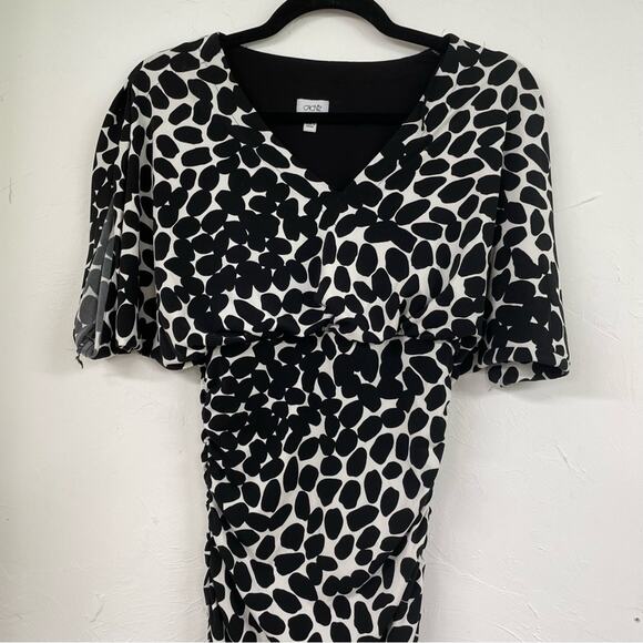 Cache Black White Spotted Ruched Draped Bodycon Mini Dress Womens 2 Vintage 90s - Picture 2 of 12
